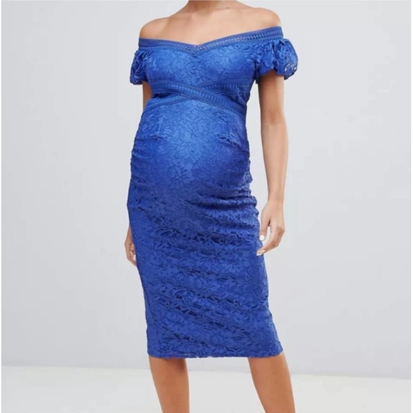 ASOS Little Mistress Maternity Lace Dress Blue  off the shoulder - Picture 2 of 11